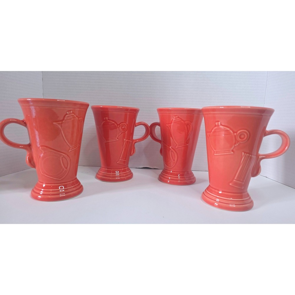 Fiesta Ware USA Persimmon Embossed Pedestal Latte Mugs Set/4 by Homer Laughlin